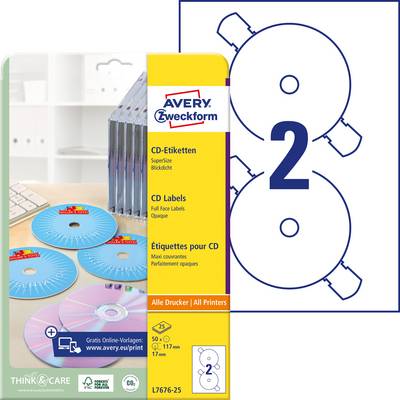 Balení s etiketami CD od Avery. Obsahuje obrázek etiket na CD, návod a číslo '2' pro centrování. Vhodné pro všechny tiskárny.
