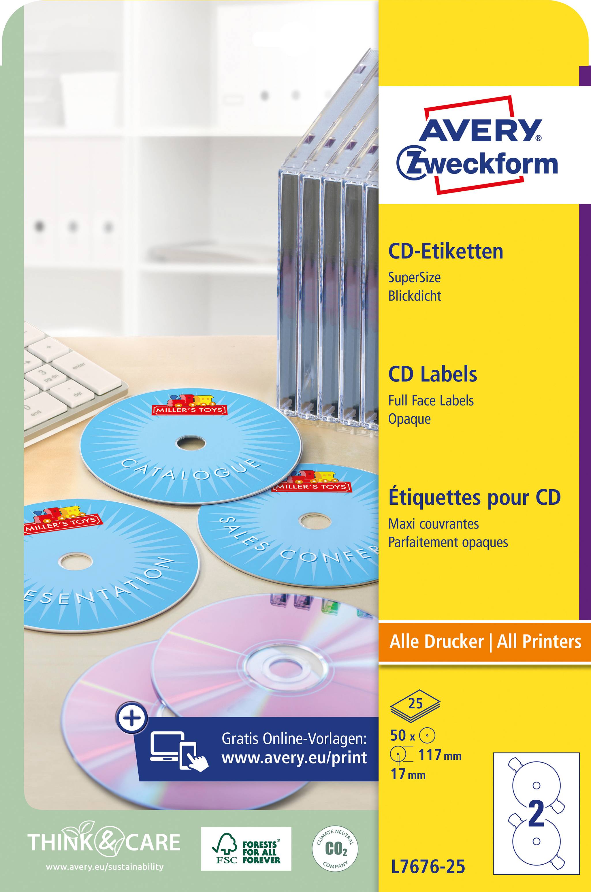'Avery Zweckform CD-Etikety L7676-25' balení s obrázkem CD, na které jsou nalepeny etikety. 'Všechny tiskárny | All Printers'.