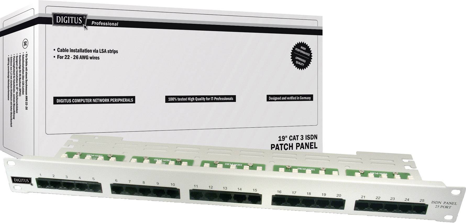 Bílý patch panel s několika RJ45 porty leží před svým obalem. Na obalu je napsáno 'Digitus Professional'.