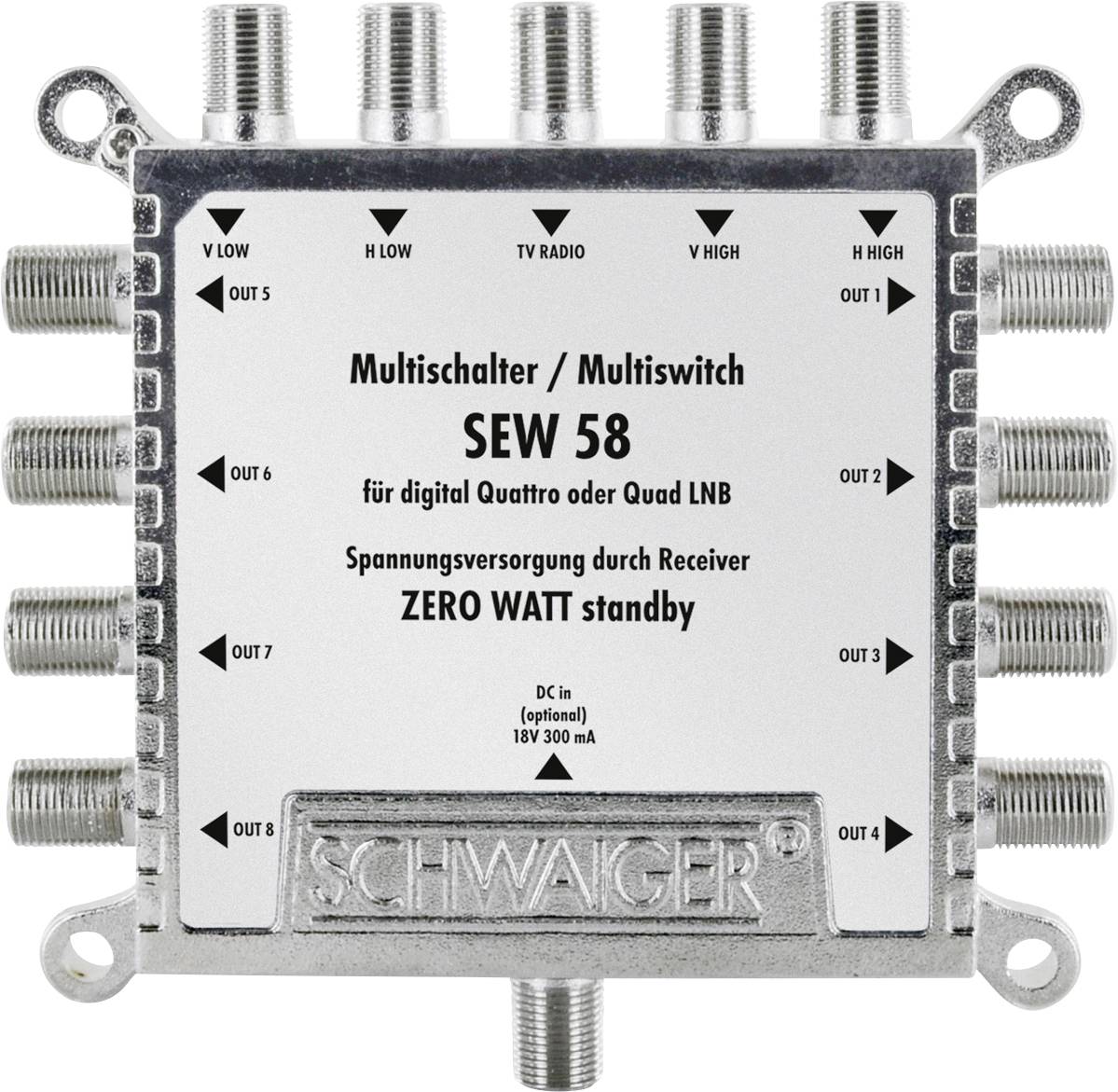Multispínač SEW 58 pro Quattro nebo Quad LNB. Napájení prostřednictvím přijímače. Pohotovostní režim ZERO WATT.' Přípojné porty obklopují zařízení.