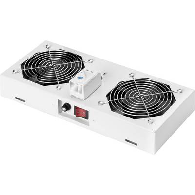 Bílé obdélníkové elektronické zařízení se dvěma černými chladicími ventilátory a malou kontrolní jednotkou na horní straně, určené pro ventilační účely.