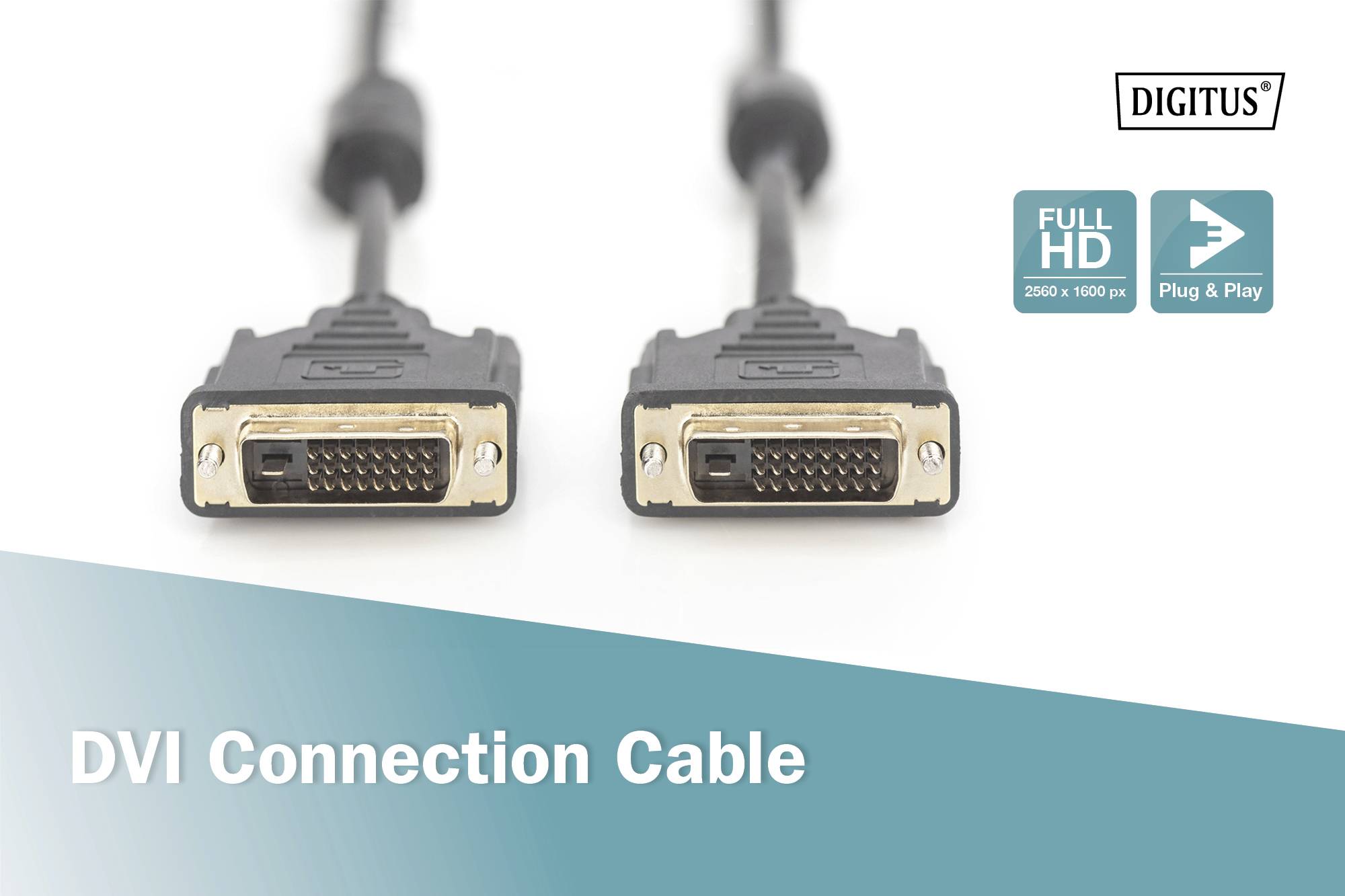 Kabel s DVI připojením ukazuje dva DVI konektory z blízka. Nápis: 'DIGITUS', 'FULL HD', 'Plug & Play'.
