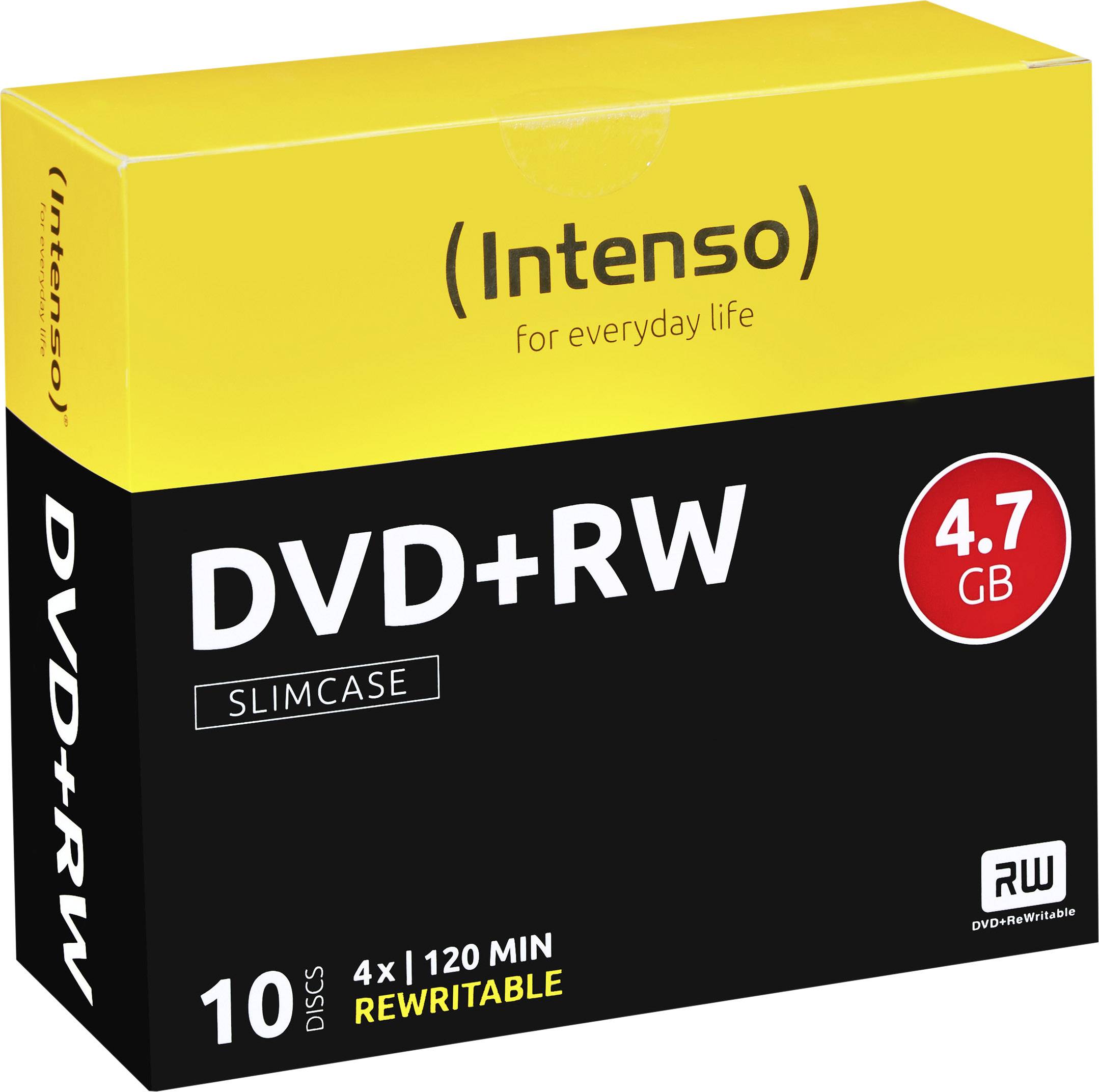 DVD+RW Intenso ve slimcase, kapacita 4,7 GB, přepisovatelné, 10 kusů v balení, vhodné pro nahrávání 120minutových videí.