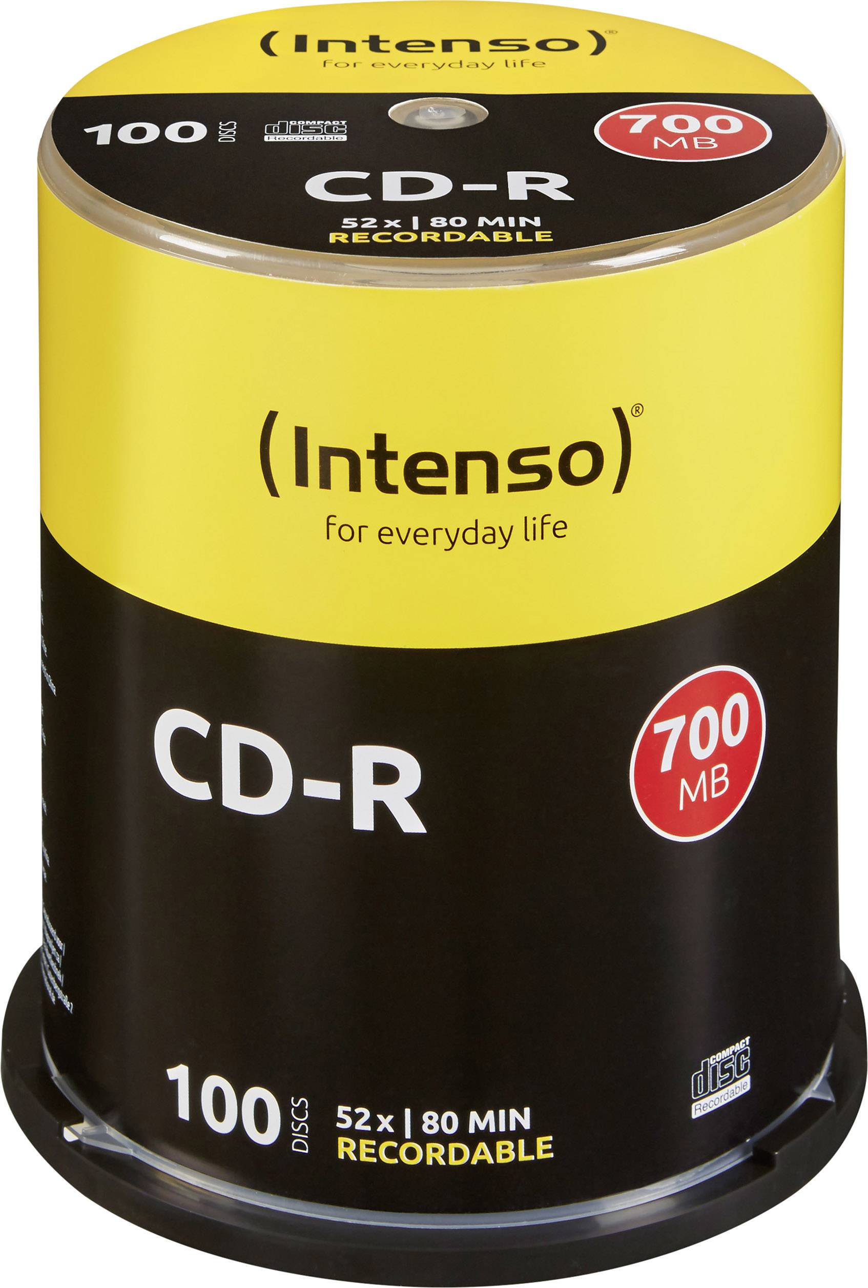 CD-R disky 'Intenso', balení 100 kusů, 700 MB, rychlost 52x. Balení v žluté a černé barvě s červeným symbolem 700 MB.