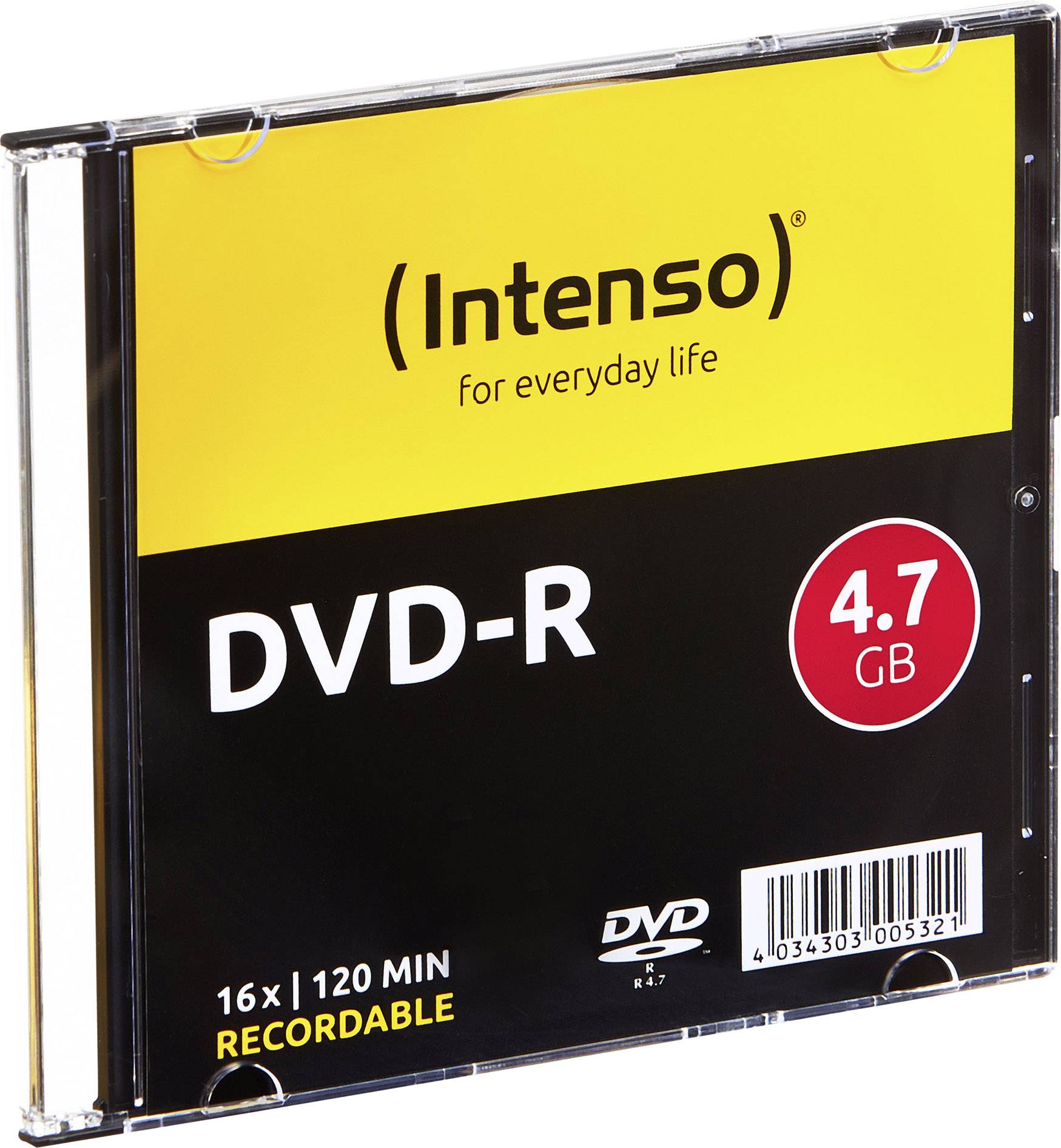 DVD-R obal od Intenso s žluto-černým designem, 4,7 GB úložného prostoru, rychlost 16x a 120 minut nahrávací doby.
