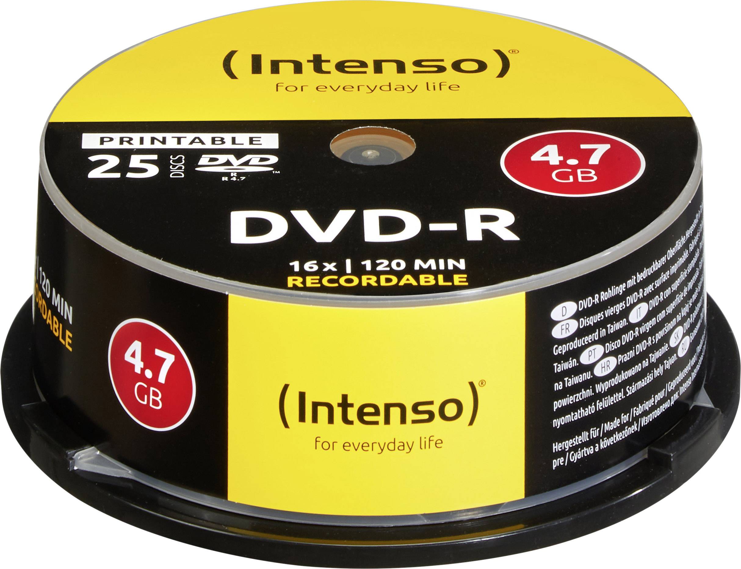 DVD-R spindr od Intenso s 25 nahrávacími disky o kapacitě 4,7 GB každý. Popis: „Potisknutelné" a „16x/120 min".
