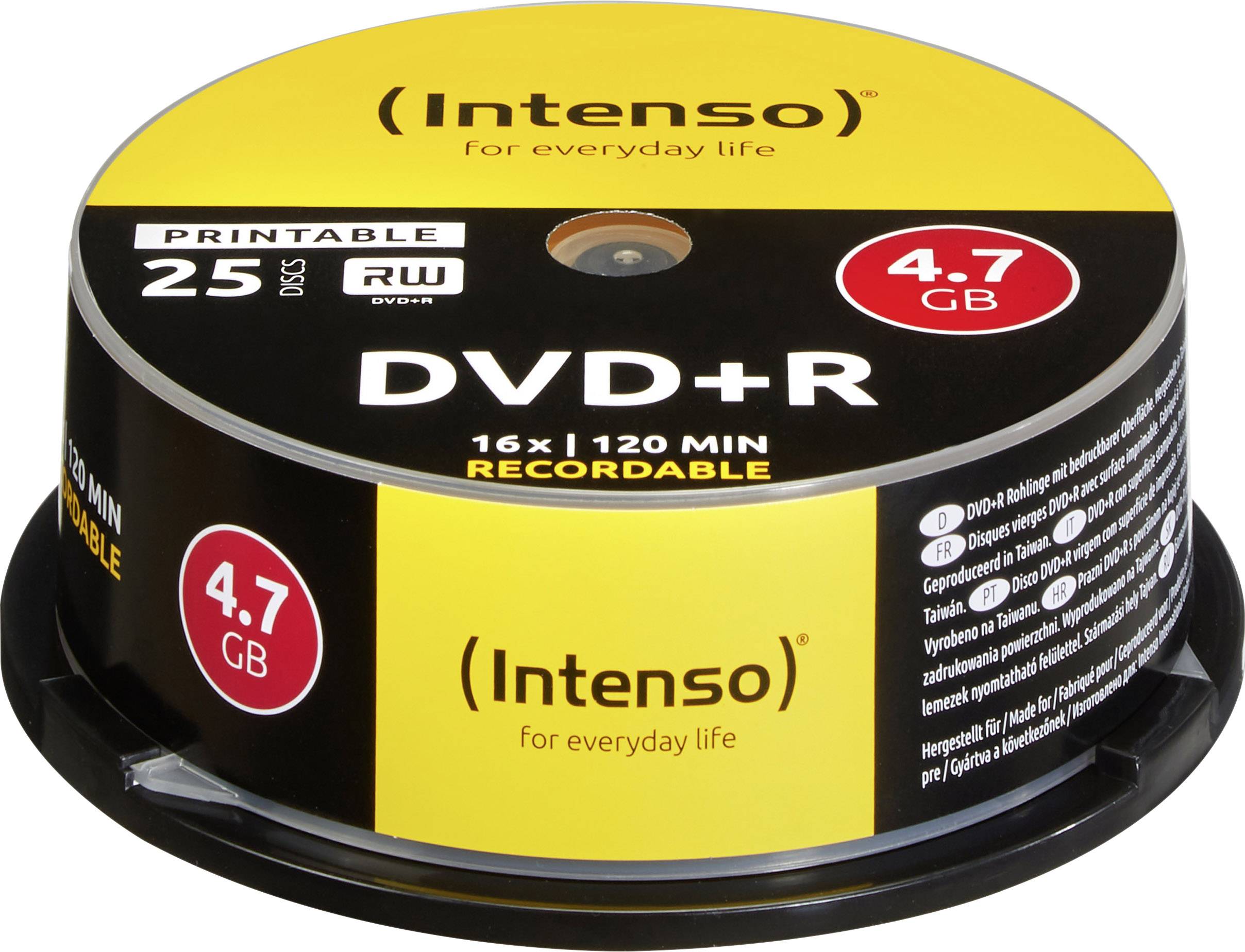 Vřeteno s 25 disky Intenso DVD+R, každý o kapacitě 4,7 GB a rychlosti 16x, vhodné pro nahrávání.