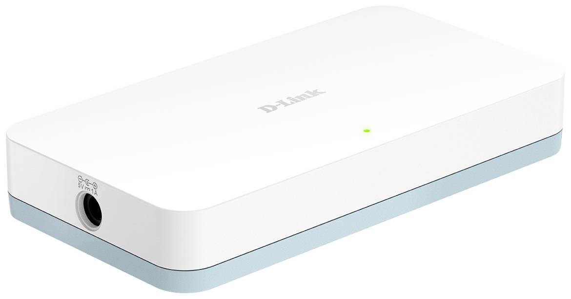 Bílý, obdélníkový síťový switch od D-Linku s zeleným LED indikátorem na horní straně.