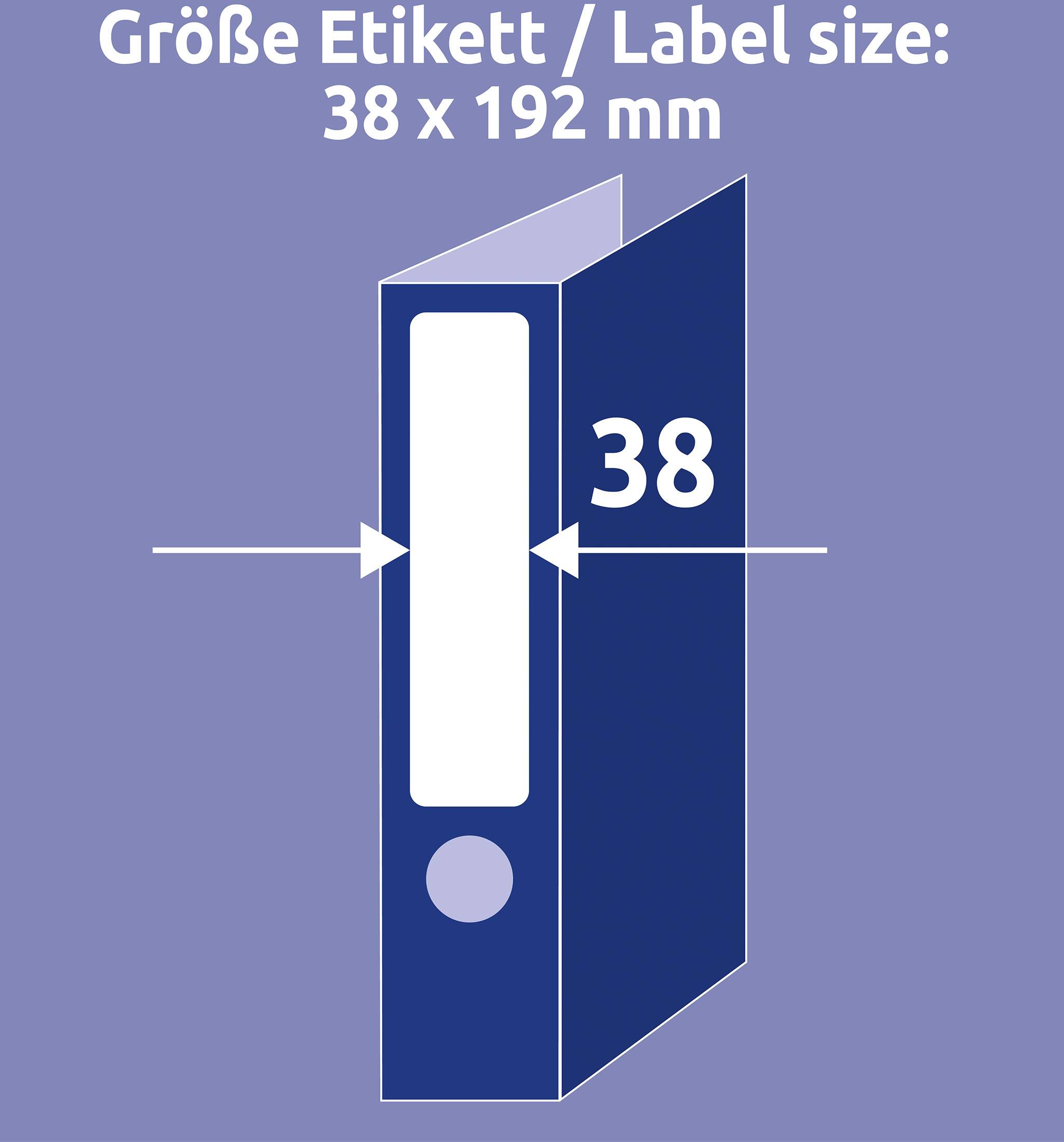 Velikost štítku / Rozměr štítku: 38 x 192 mm je zobrazena na modrém šanonu.