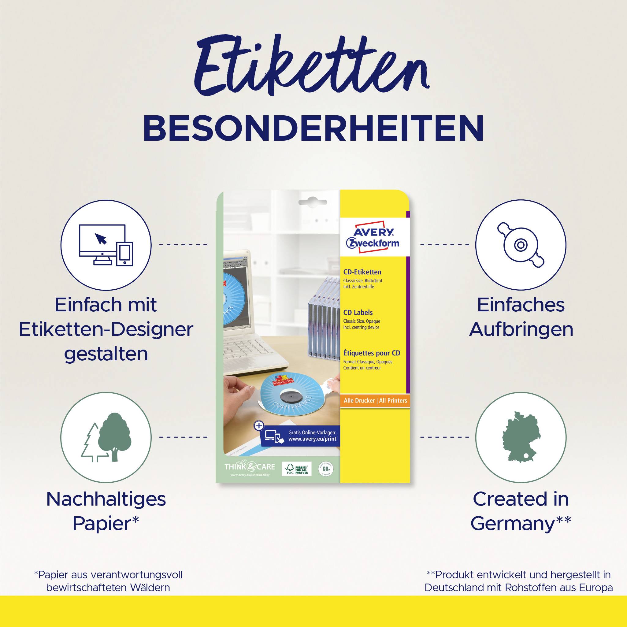 Zvláštnosti etiket. Výhody: Snadná aplikace, Udržitelný papír, Vyrobeno v Německu. Avery Zweckform CD etikety.