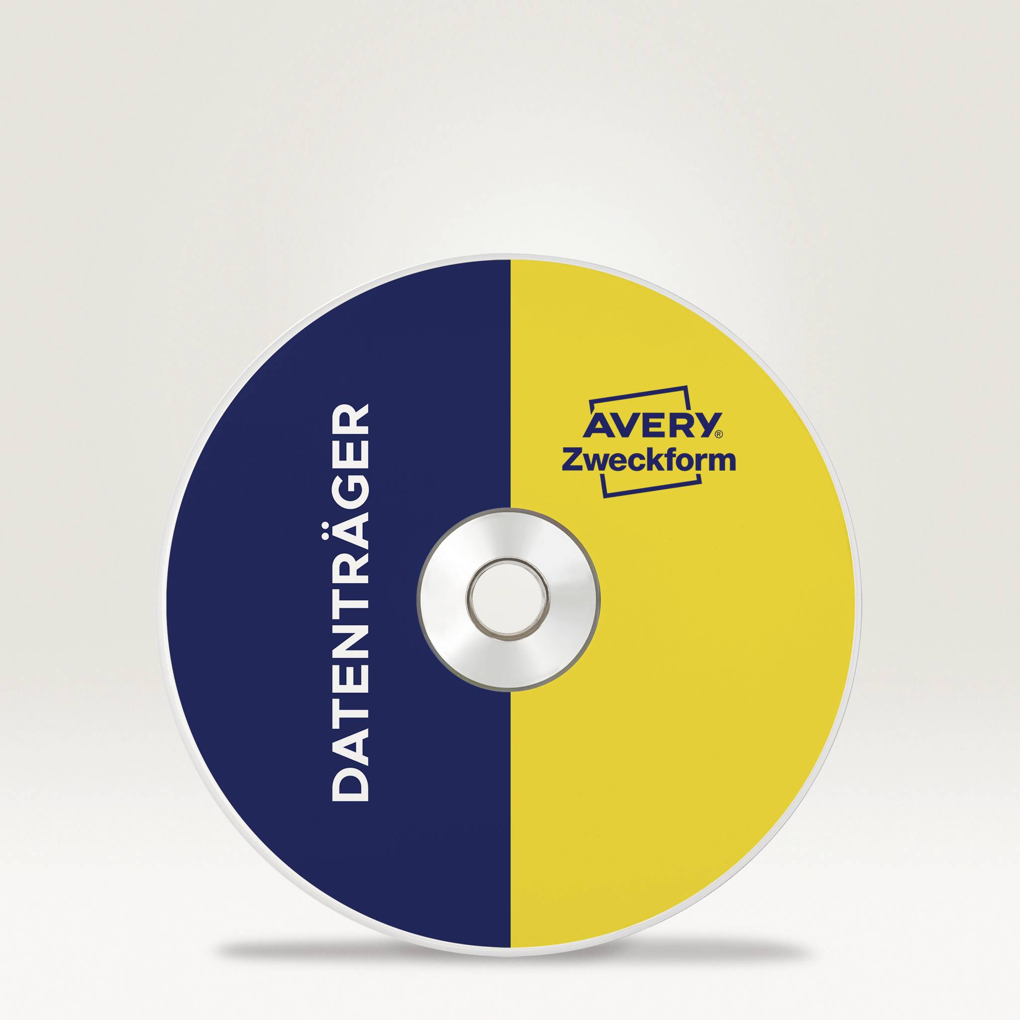 CD s modrou a žlutou plochou. Na modré straně je nápis 'Datový nosič', na žluté straně je logo Avery Zweckform.