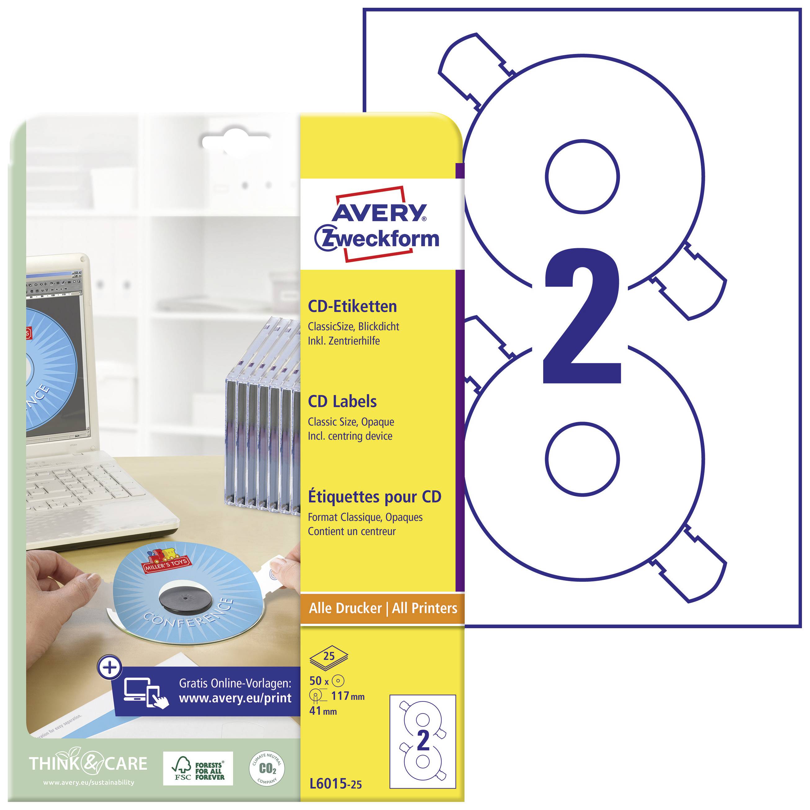 Balení Avery Zweckform CD etiket, 117 mm, L6015-25, vhodné pro všechny tiskárny. Modré etikety v krabičce s 25 listy.