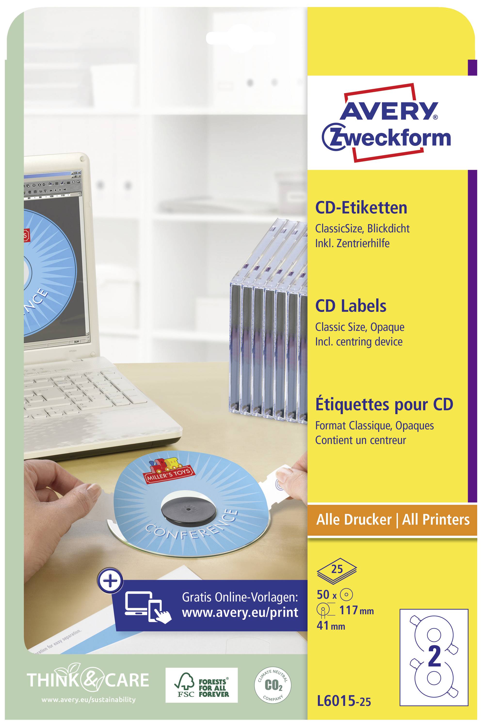 Obal sady CD etiket od firmy Avery Zweckform. Zobrazuje potištěné etikety na CD, laptop a detaily kompatibility.