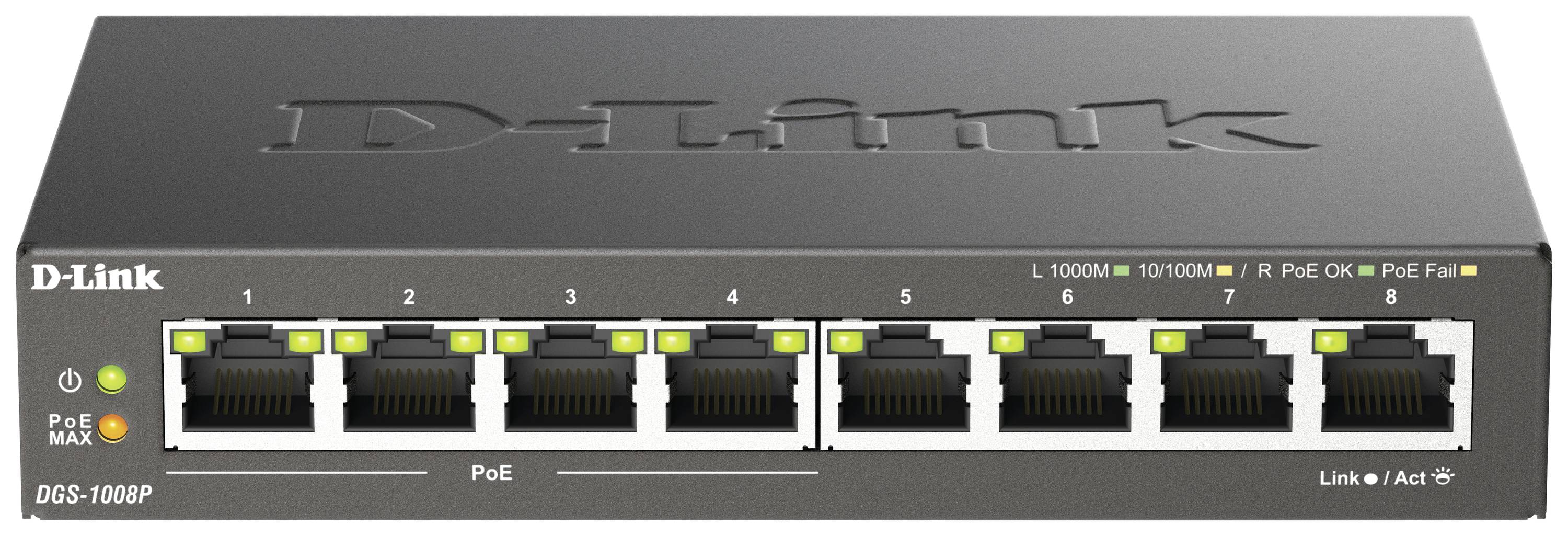 Síťový switch D-Link s osmi Ethernetovými porty, vhodný pro aplikace napájení po Ethernetu (PoE).
