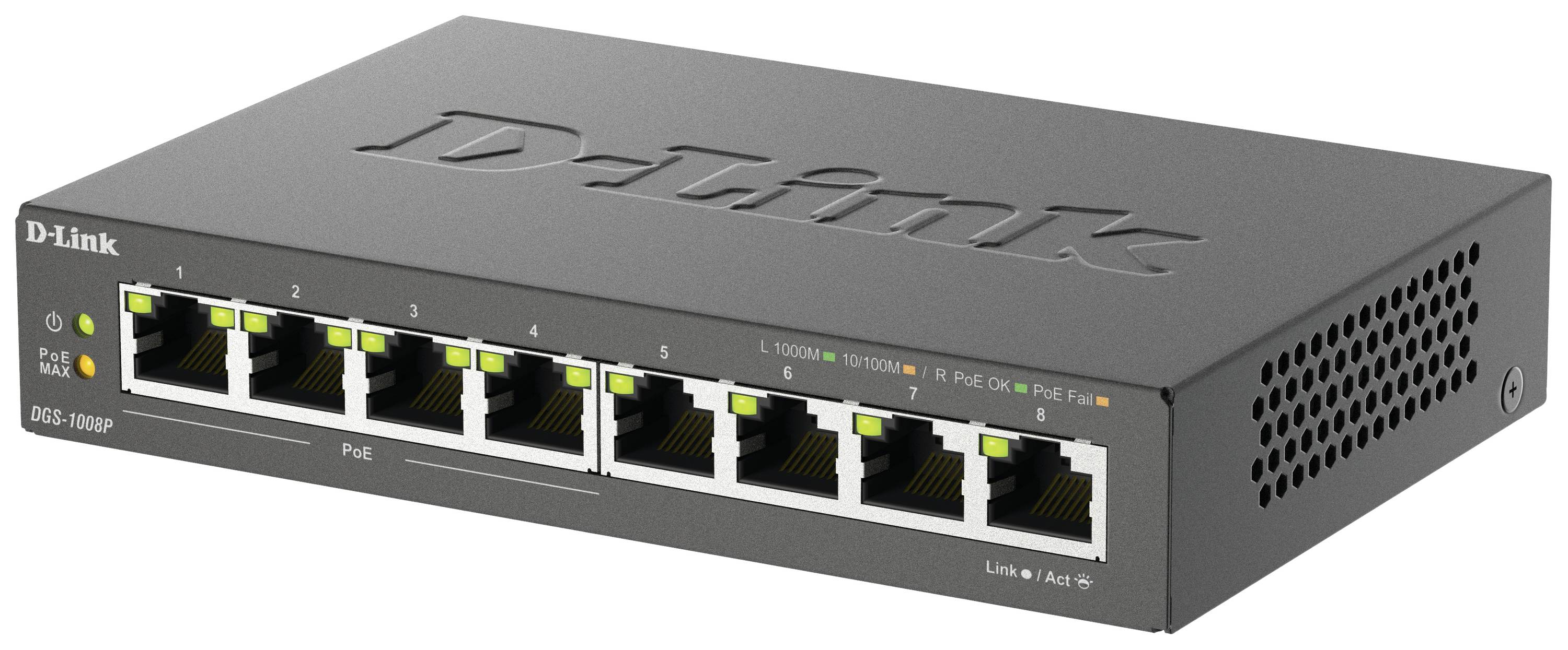 Černý síťový switch D-Link s osmi ethernetovými porty, některé z nich aktivní. Na zařízení je nápis „D-Link" a modelové číslo DGS-1008P.