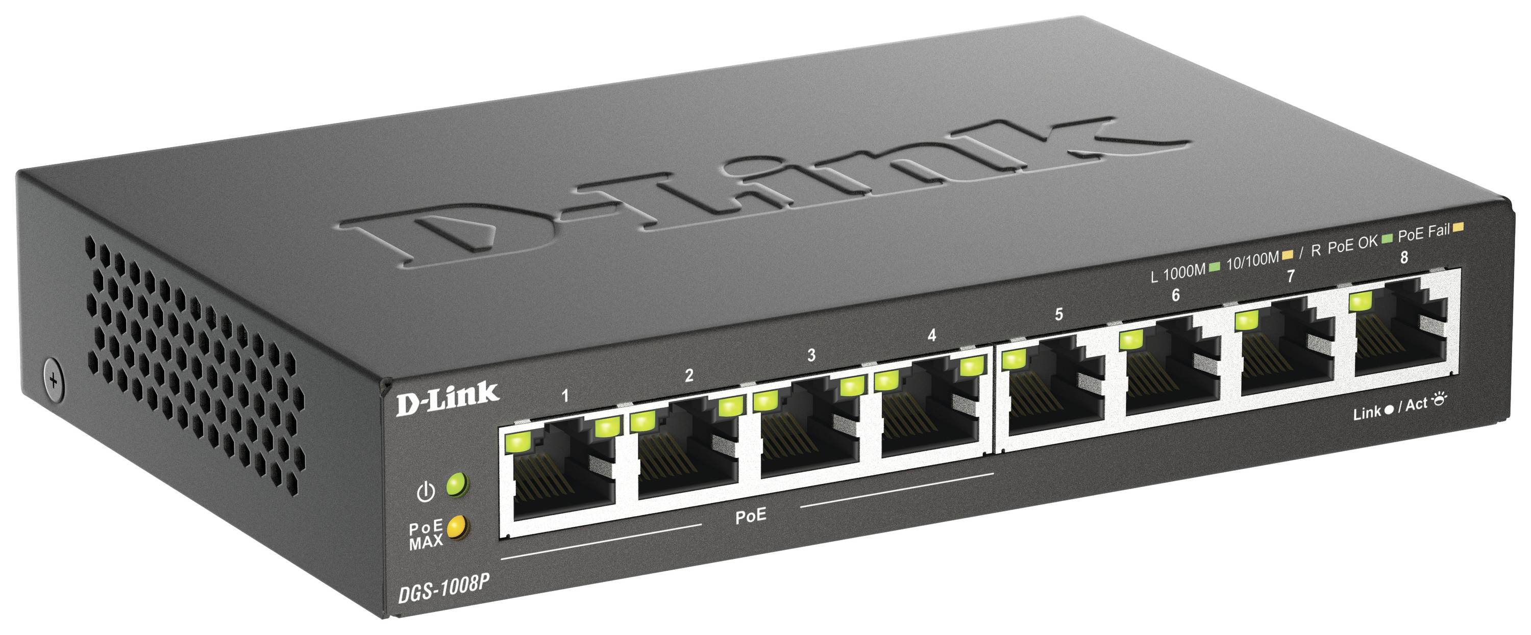 Síťový přepínač D-Link DGS-1008P s 8 ethernetovými porty a technologií PoE, vhodný pro datové sítě a internetové připojení.