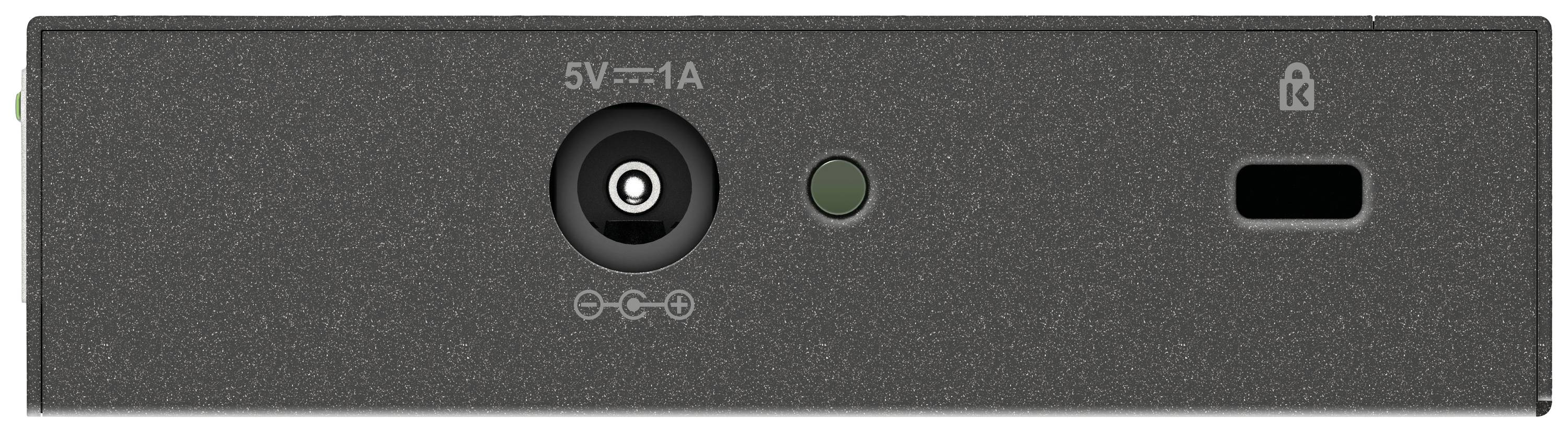 Přední strana elektronického zařízení s napájecím konektorem (5V, 1A), LED indikátorem, symbolem klíče a slotovým konektorem.