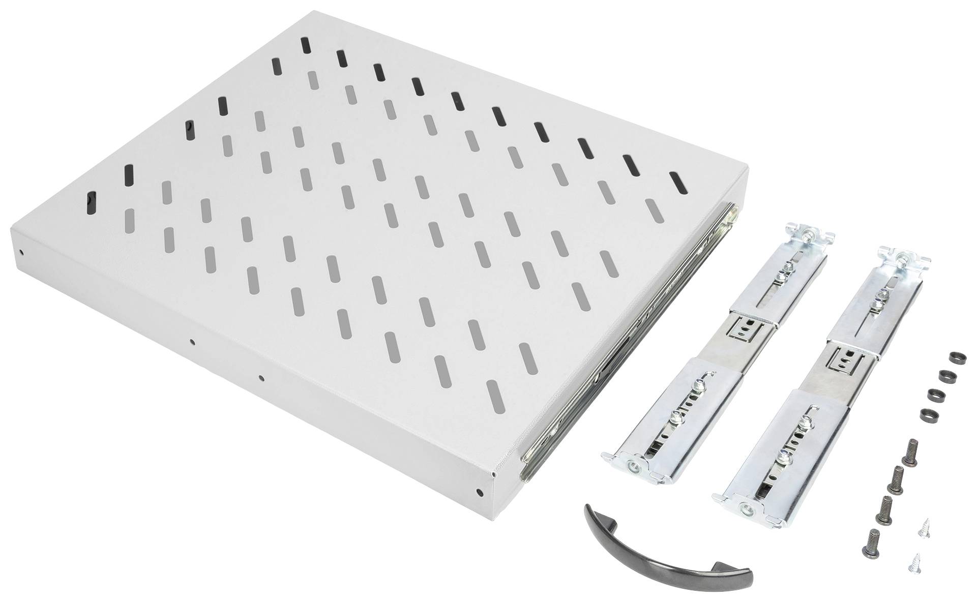 Větrané kovové regál s montážními lištami, rukojetí a šrouby pro upevnění. Vhodné pro instalaci do racku.