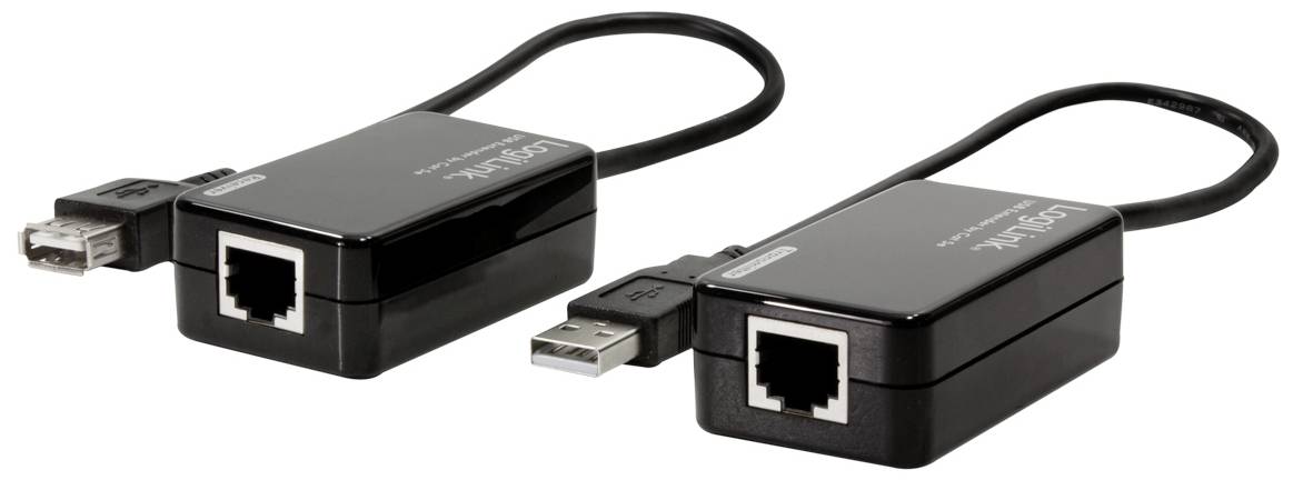 Dva černé USB-ethernetové adaptéry s kabely. Každý adaptér má USB a ethernetové porty, vhodné pro síťová připojení.