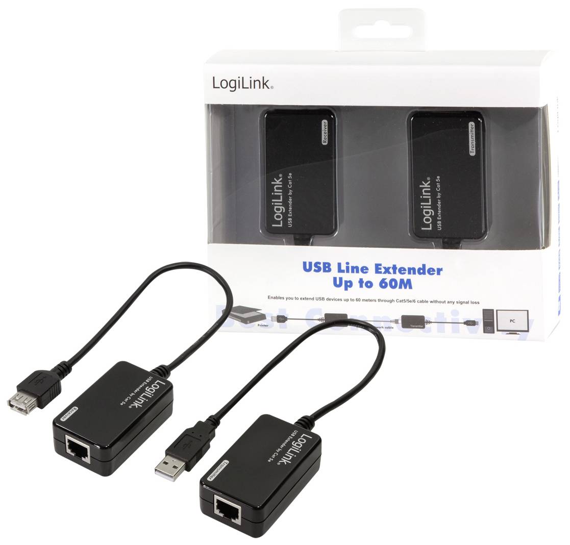 USB Line Extender od LogiLink, rozšiřuje USB připojení až na 60 metrů. Obsahuje dva adaptéry, každý s USB a ethernetovými porty.