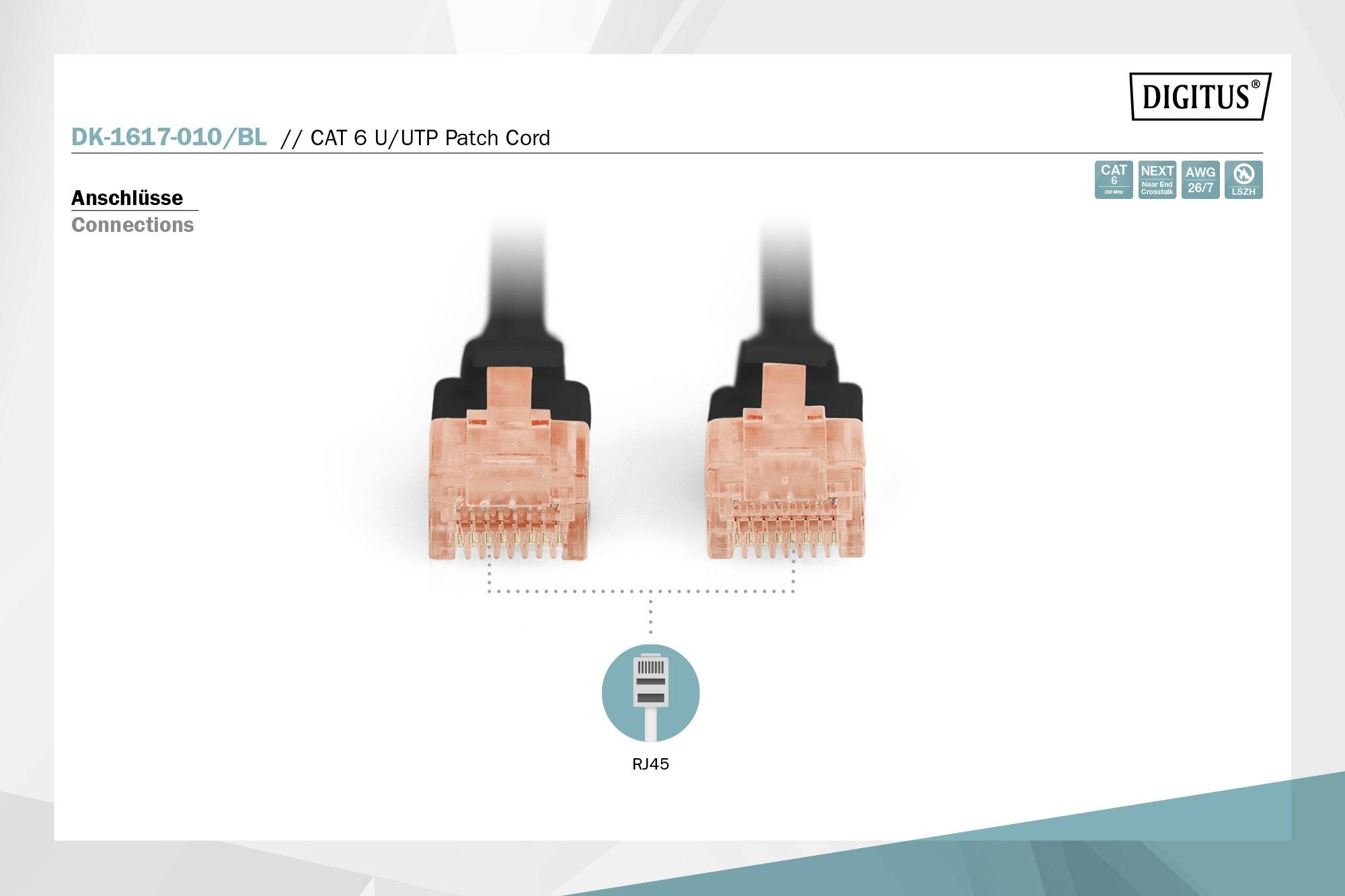 Dva oranžové konektory RJ45 s černým kabelem jsou vyobrazeny. Text: 'CAT 6 U/UTP patch kabel'. Štítek zobrazuje 'CAT 6', 'ROHS', 'AWG 26/7'.