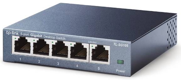 Pětoportový gigabitový desktopový switch značky TP-Link s pěti ethernetovými porty. Číslo modelu TL-SG105.