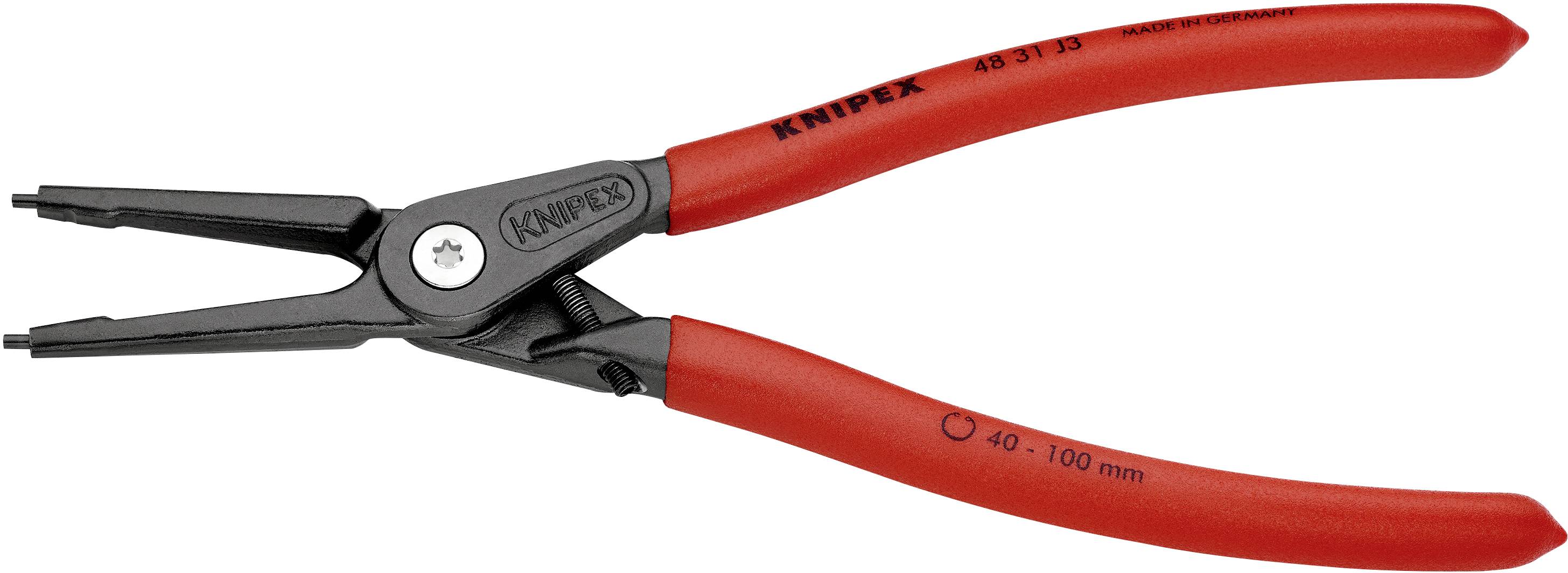 Červené kleště Knipex o velikosti přibližně 40-100 mm s černými rukojeti, vhodné pro přesné práce; viditelné firemní logo.