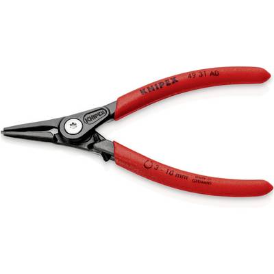 Červené pojistné kleště Knipex, vhodné pro vnitřní pojistné kroužky o průměrech 3-10 mm, s nápisem „Vyrobeno v Německu".