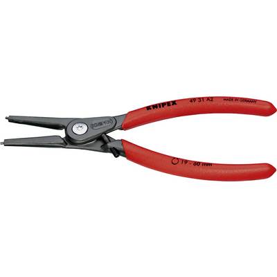 Červené kleště Knipex na pojistné kroužky, model 49 31 A2, s ohnutými čelistmi, vhodné pro pojistné kroužky o průměru 19 až 60 mm, vyrobeno v Německu.