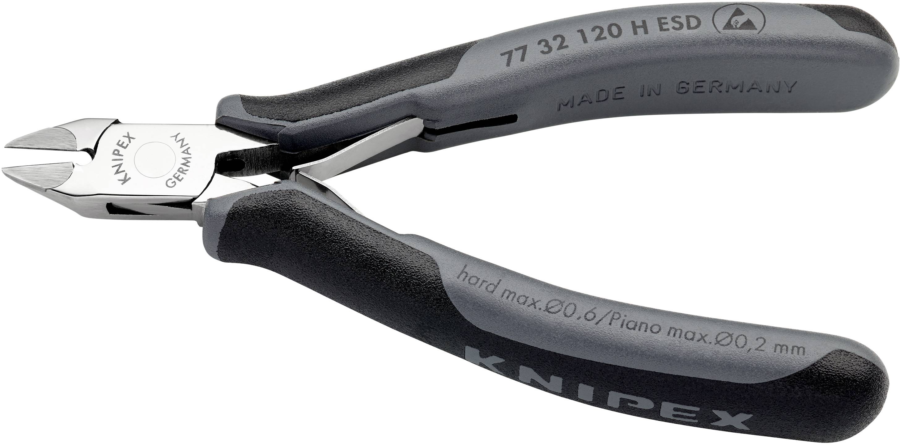 Boční štípací kleště Knipex s šedými a černými rukojeťmi, s nápisem 'MADE IN GERMANY', vhodné pro jemné řezací práce.