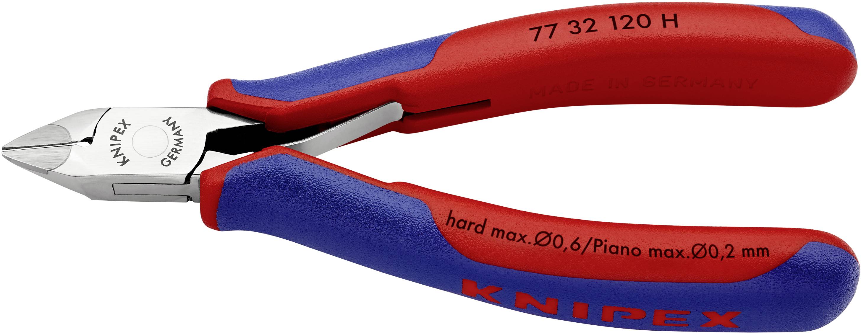 Červené a modré boční štípací kleště Knipex, vhodné pro tvrdé dráty až do 0,6 mm a pianové dráty do 0,2 mm.