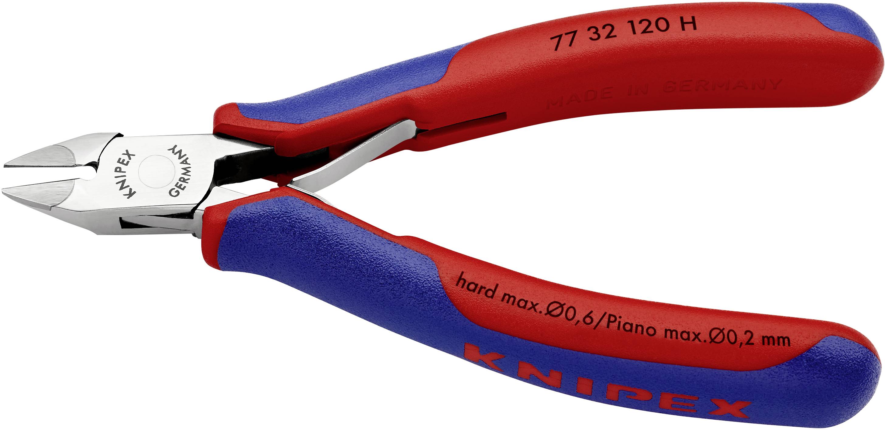 Kombinované kleště značky 'Knipex' v červeno-modrém provedení, vhodné pro řezání tvrdých drátů o tloušťce až 2,0 mm.