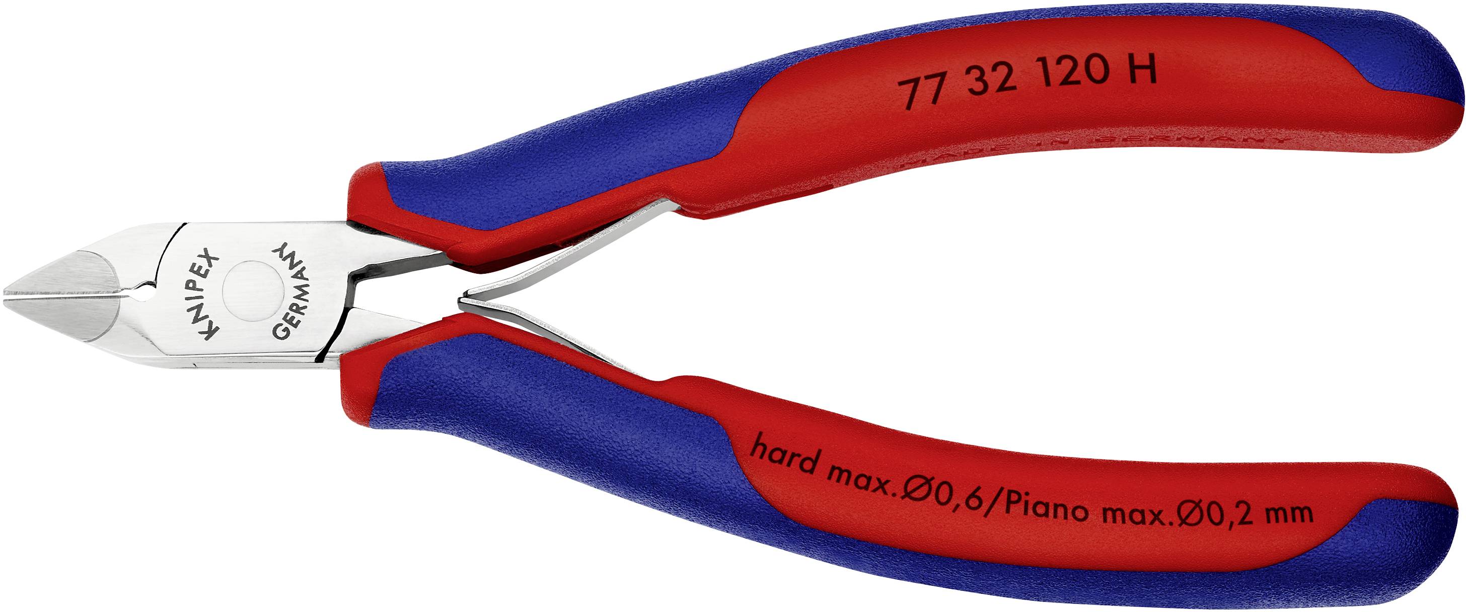 Červené a modré boční štípací kleště s nápisem 'Knipex Germany', vhodné pro řezání tvrdých drátů až do průměru 0,2 mm.