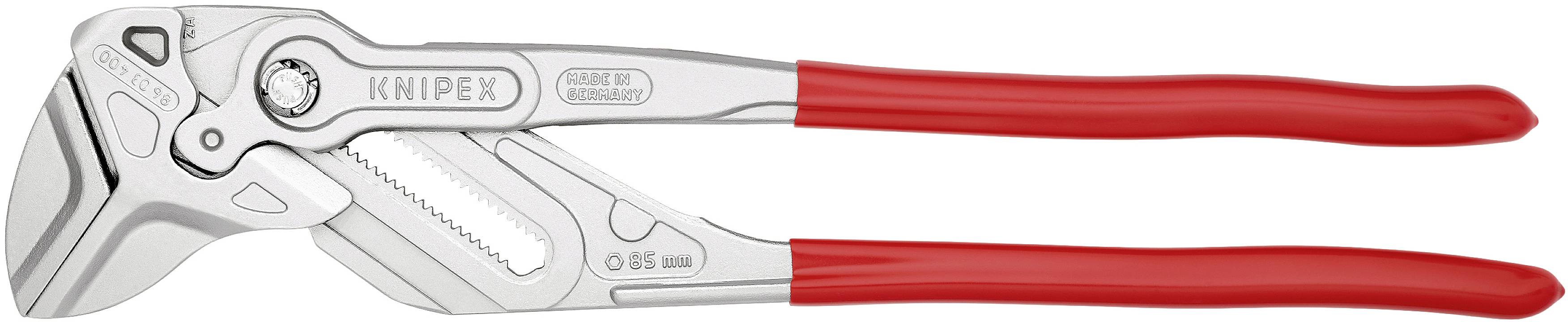 Stříbrné kleště s červenými rukojeťmi, značka KNIPEX, vhodné pro přesnéuchopení a řezání materiálů.