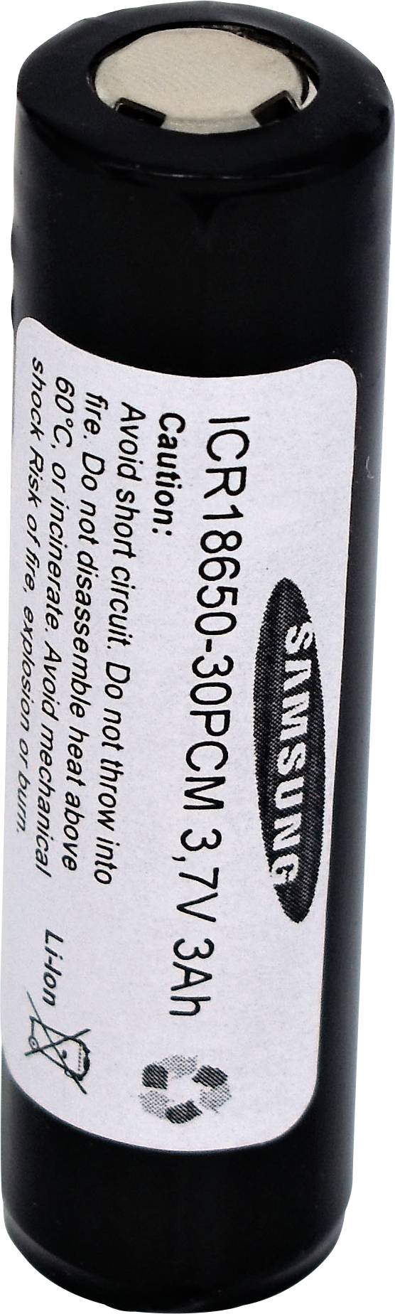 Válcový, dobíjecí akumulátor značky Samsung s nápisem 'ICR18650-30DPCM, 3,7V 3Ah'.
