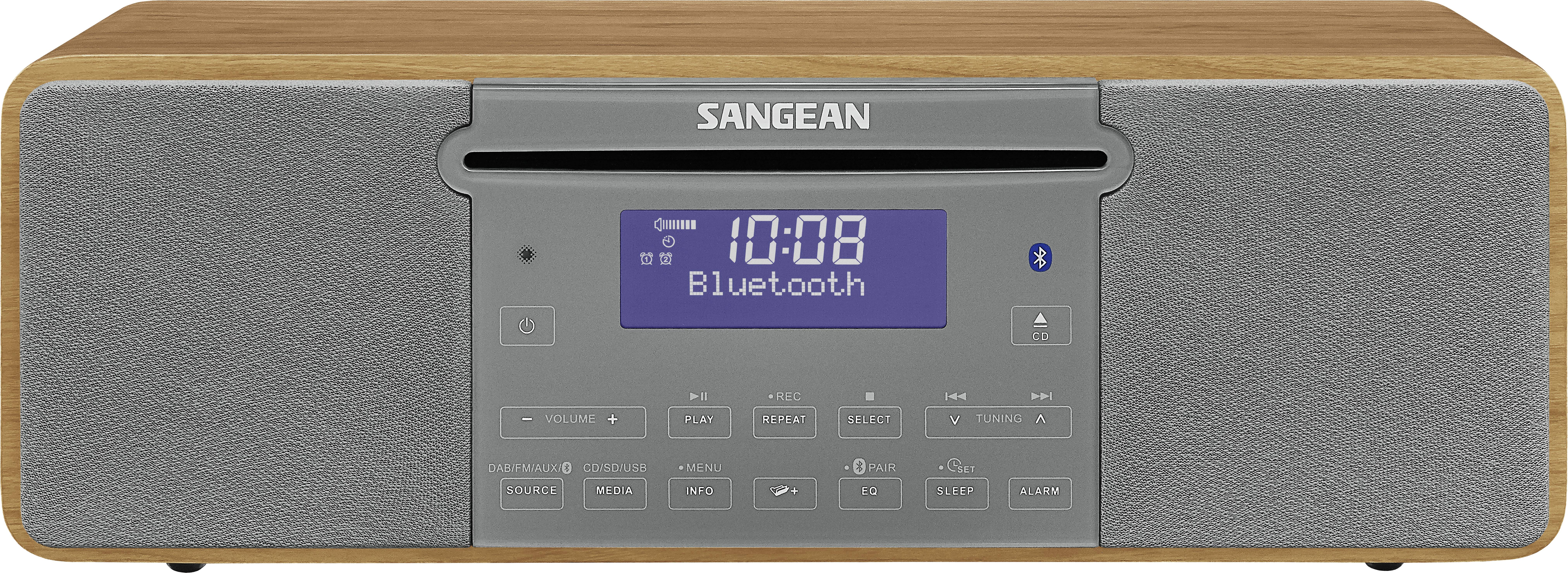 Digitální rádio s dřevěným rámečkem a šedým předním panelem. Na displeji zobrazuje čas '10:08' a 'Bluetooth'. Ovládací tlačítka jsou umístěna dole.