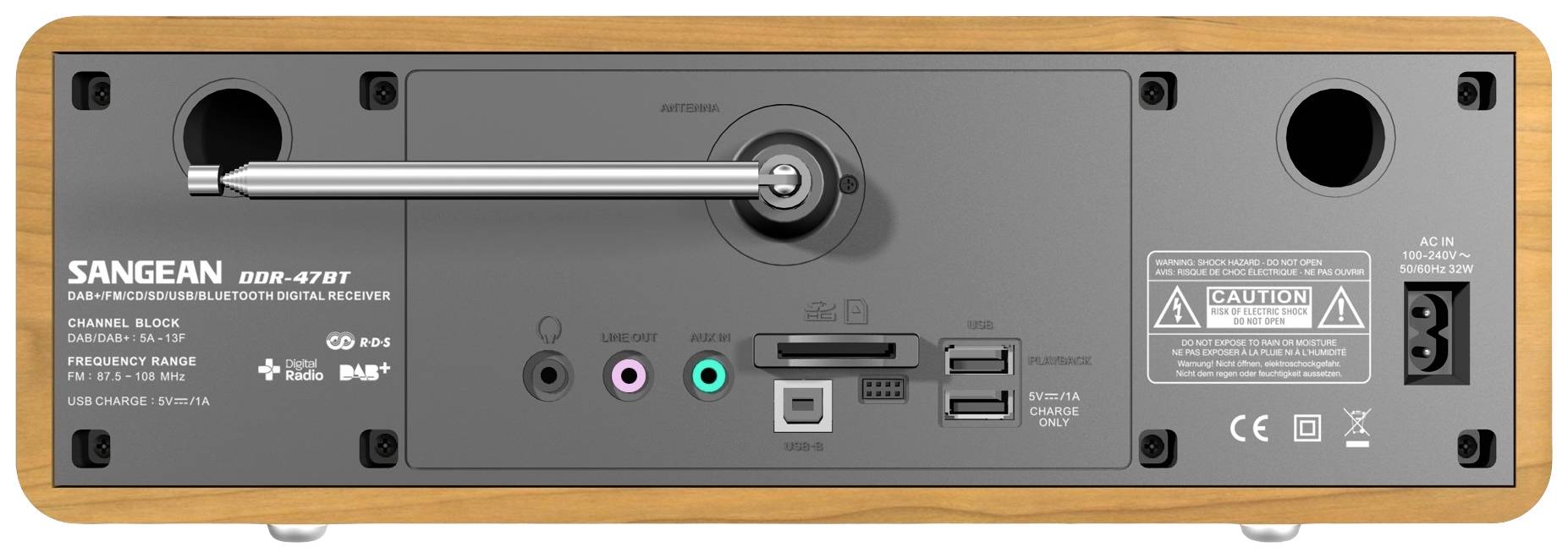 Zadní strana rádia s různými konektory a přepínači, včetně USB portů, anténního vstupu a síťového vypínače.