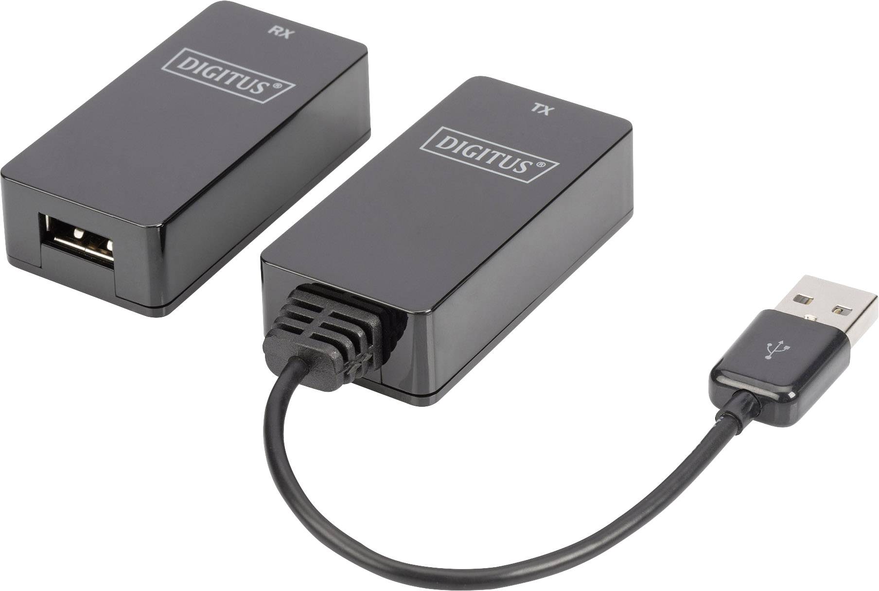 Dva černé Digitus adaptéry, jeden s USB kabelem ('TX'), druhý s USB konektorem ('RX'), umístěné vedle sebe.