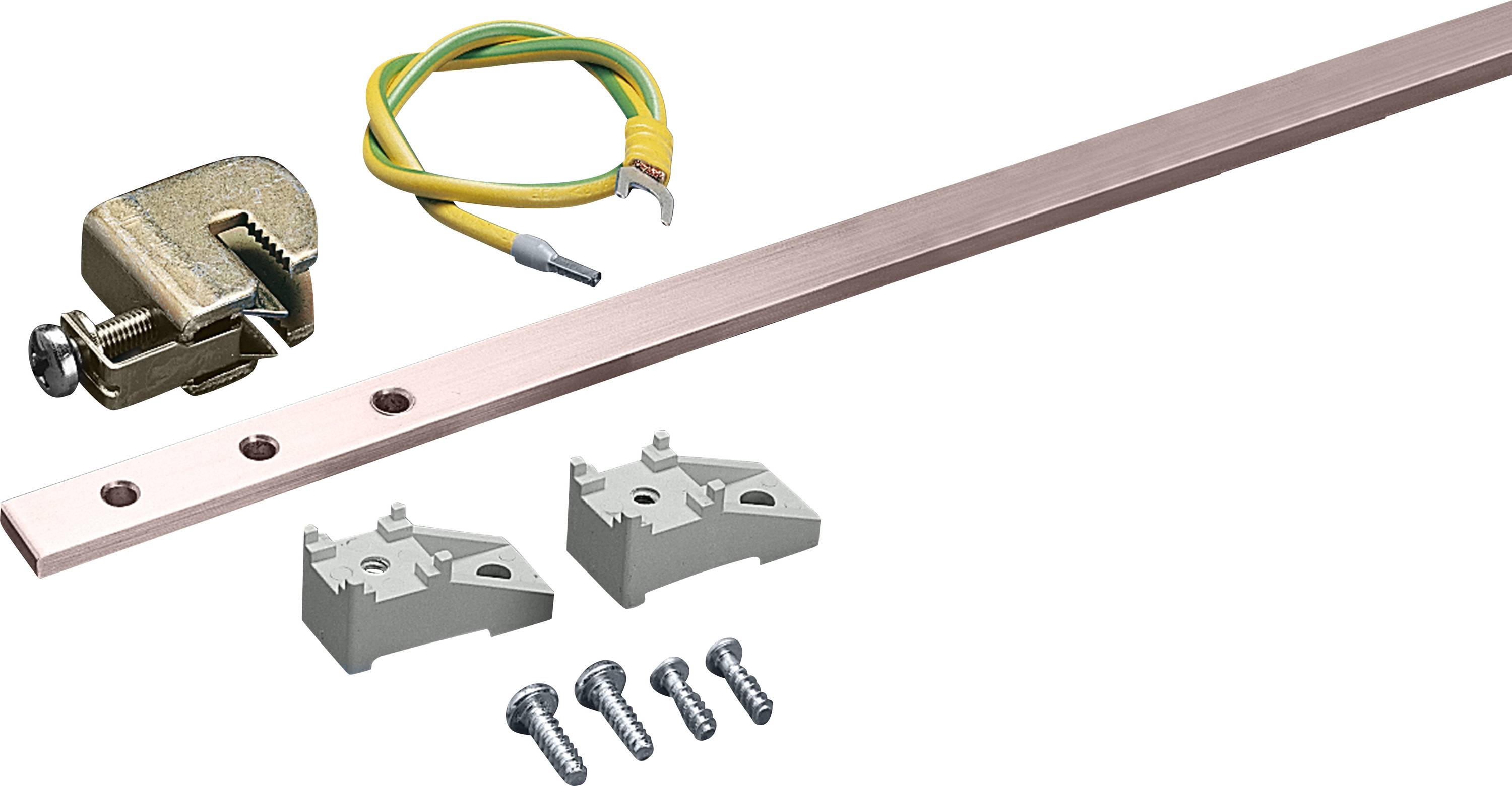 Měděná uzemňovací lišta se šrouby a svorkami, včetně žluto-zeleného uzemňovacího kabelu.