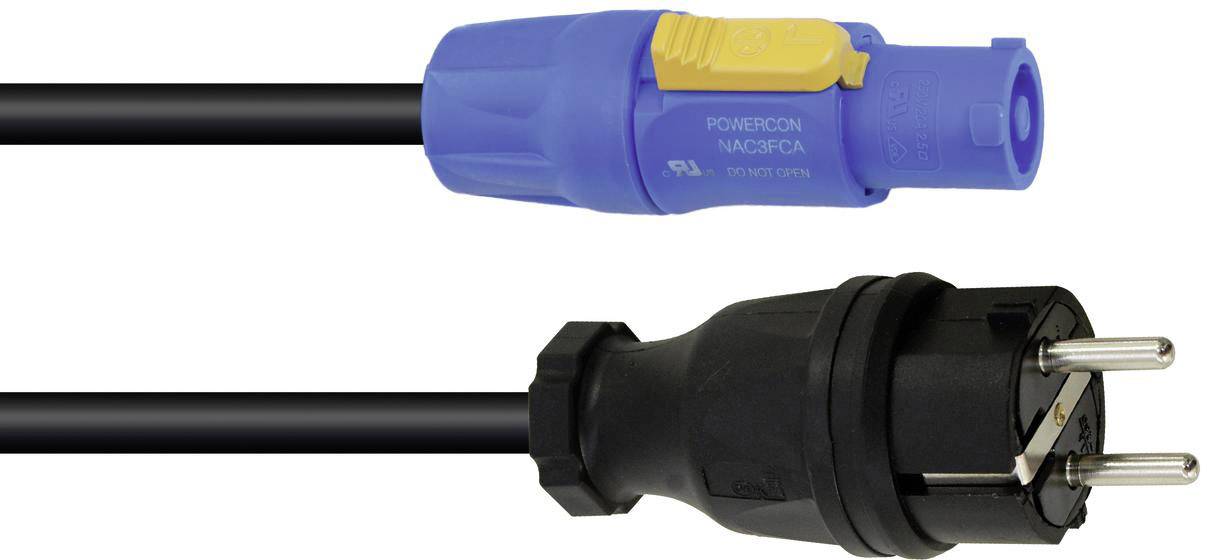 Konektor 'PowerCON' (modrý) a Schuko konektor (černý) na jednom kabelu, vhodný pro profesionální audio a jevištní aplikace.