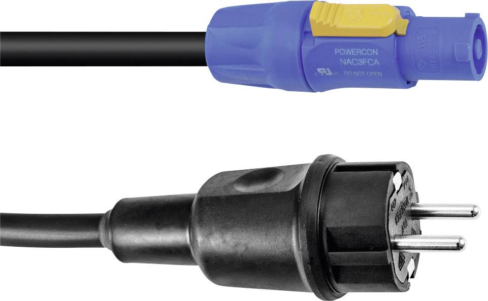 Modrý konektor PowerCON a černá napájecí eurozástrčka leží vedle sebe na bílém pozadí.