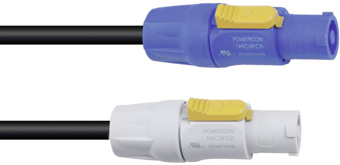 Dva PowerCON konektory, jeden modrý a jeden bílý, oba opatřené žlutým bezpečnostním zámkem. Slouží k bezpečnému elektrickému propojení.