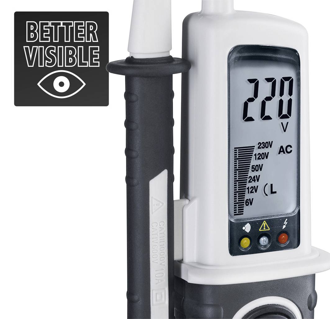 Zkoušečka napětí ukazuje "220 V". Na levé straně je symbol s okem a nápisem 'Better Visible'.
