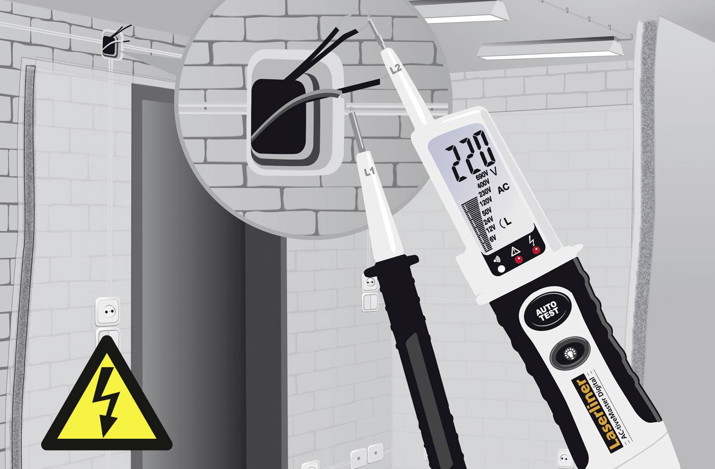 Zkoušečka napětí ukazuje '220V AC' na zásuvkových kabelech ve zdi. Výstražná cedule 'Nebezpečí úrazu elektrickým proudem'.