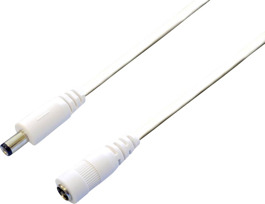 Bílý prodlužovací DC napájecí kabel s mužským a ženským konektorem, typicky používaný pro napájení elektrických zařízení.