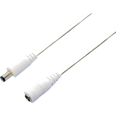 Bílý prodlužovací DC napájecí kabel s mužským a ženským konektorem, typicky používaný pro napájení elektrických zařízení.