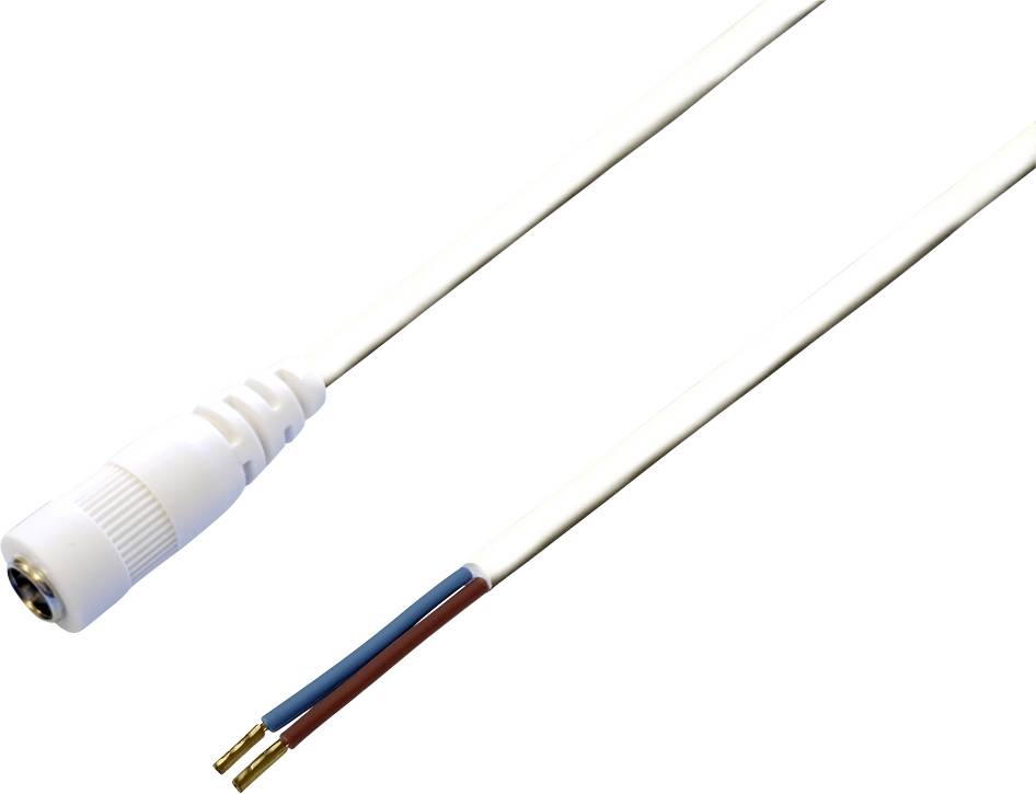 Bílý elektrický kabel s jednou zástrčkou na jednom konci a dvěma odizolovanými vodiči (červeným a modrým) na druhém konci.