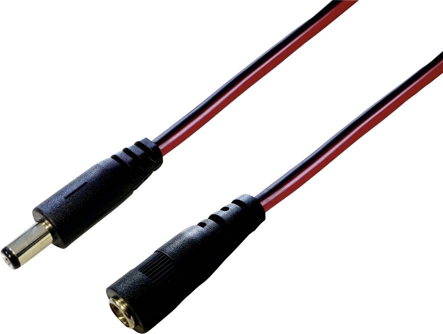 Černý síťový kabel fotoaparátu s jedním samčím a jedním samičím konektorem, propojený červenými a černými vodiči.