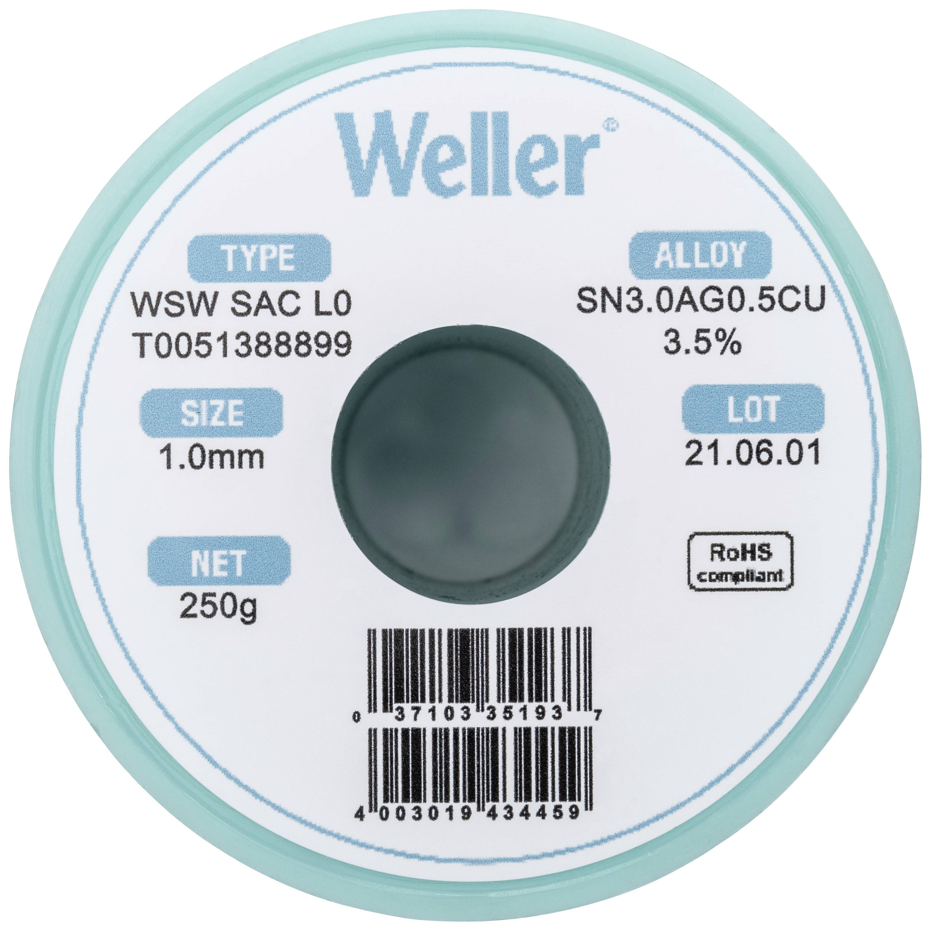 Cívka pájecího drátu s etiketou: 'Weller', typ 'WSW SAC LO', průměr 1,0 mm, 250 g, slitina 'SN3.0AG0.5CU', vyrobeno dne '21.06.01'.