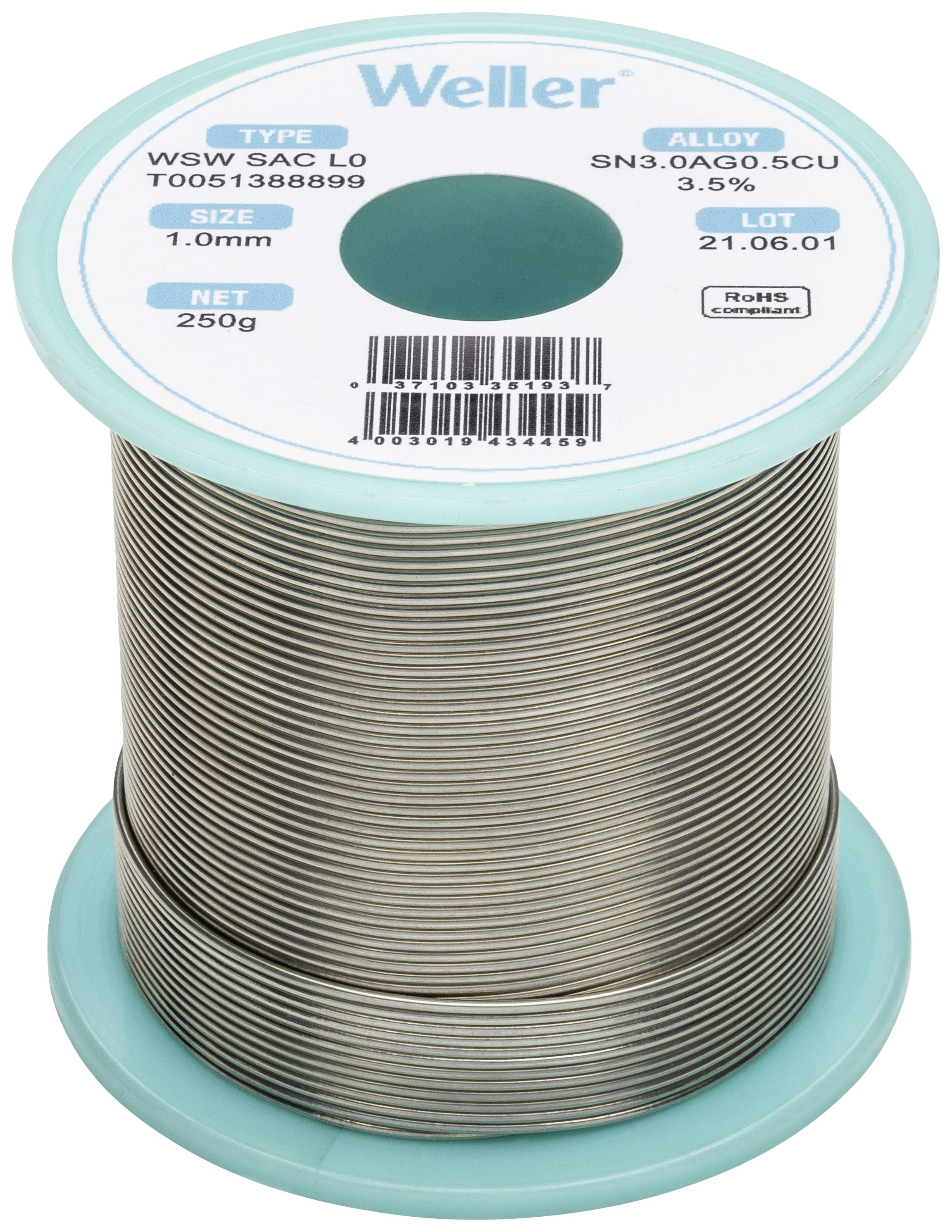 Cívka pájecího cínu značky Weller, typ WSW SAC L0, slitina SN3.0AG0.5CU, velikost 1,0 mm, 250 g, datum výroby 21.05.01.